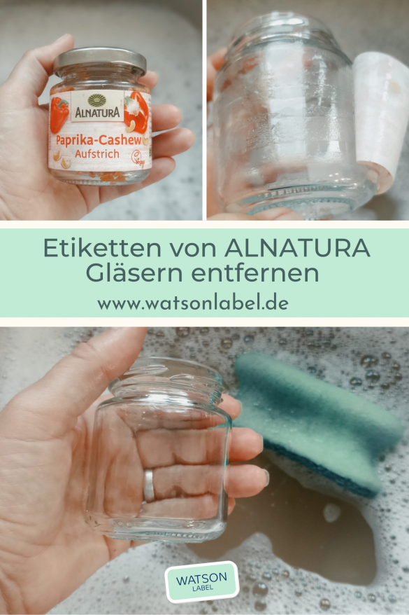 Es sind drei Bilder, wobei das erste ein Bild ein leeres Alnatura Glas mit Etikett zeigt. Rechts daneben ein Glas ohne Etikett, aber mit Klebstoff-Resten. Darunter ein drittes Foto mit dem sauberen Glas ohne Rückstände. In diesem Beitrag erfährst du, wie man Alnatura Etiketten einfach von Gläsern entfernen kann.