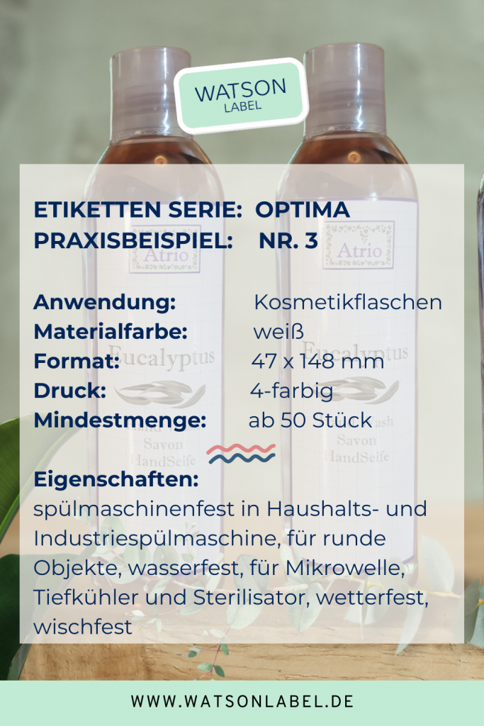 Spülmaschinenfeste, weiderverwendbare Flaschenetiketten für Shampoo. Hier eine Info zum Praxisbeispiel. Kennzeichnung von Kosmetikflaschen aus weißer spülmaschinenfester Folie, Etikettenformat 47 x 148 mm, 4-farbig bedruckt, Mindestmenge 50 Stück.